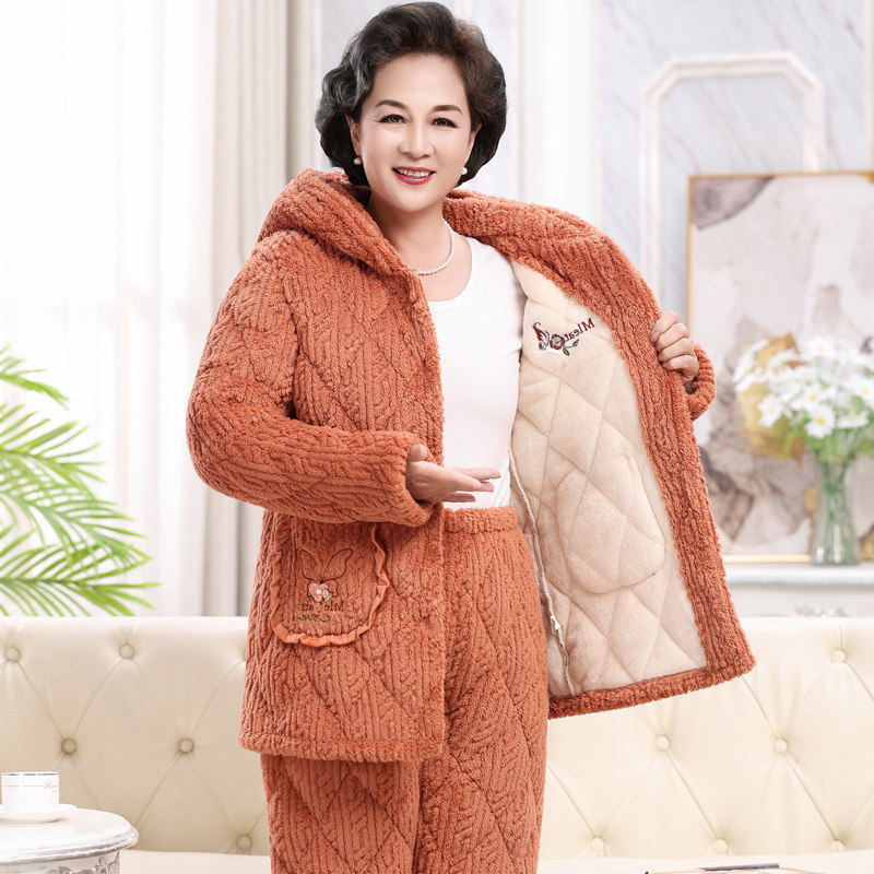 连帽秋冬季睡衣女珊瑚绒三层夹棉加厚加绒奶奶中老年人保暖家居服,女士内衣/男士内衣/家居服,睡衣/家居服套装,淘宝优惠券,粉丝福利购,淘宝优惠卷