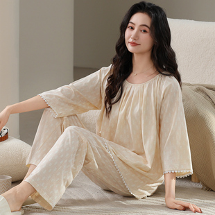 春秋季女士纯棉睡衣七分袖长裤宽松碎花时尚全棉家居服套装秋冬款