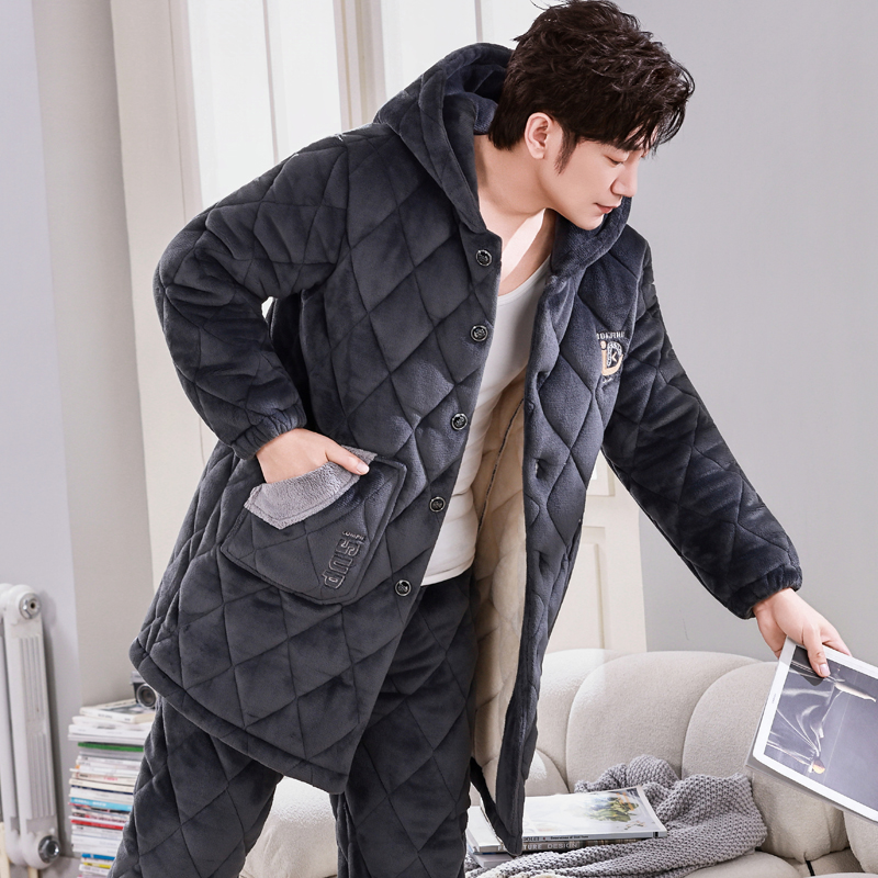 加长款连帽秋冬季男士睡衣珊瑚绒加厚加绒保暖三层夹棉家居服套装