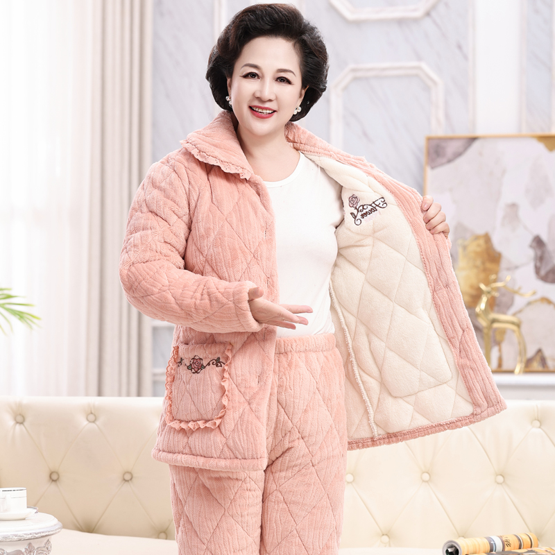 亿美希女士珊瑚绒夹棉秋冬季睡衣