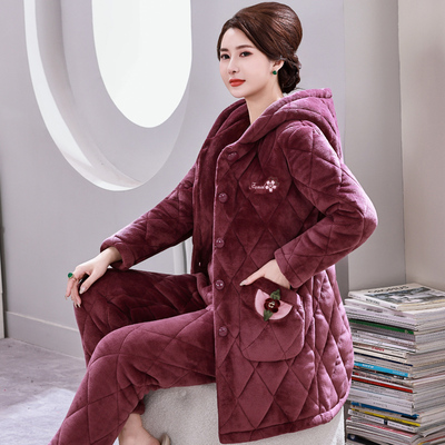 加长款连帽睡衣女秋冬季珊瑚绒夹棉中老年加厚保暖加绒家居服妈妈