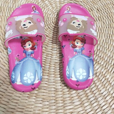 欧美玫红色公主风平跟家居凉拖鞋