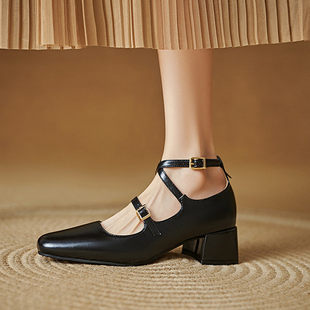外贸款41到46特大码女鞋42复古玛丽珍鞋43中跟单鞋44粗跟方头鞋45