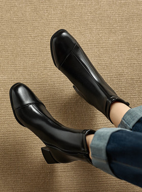 外贸新款41到46特大码女鞋43黑色44皮面中跟短靴45粗跟女靴子Q40W