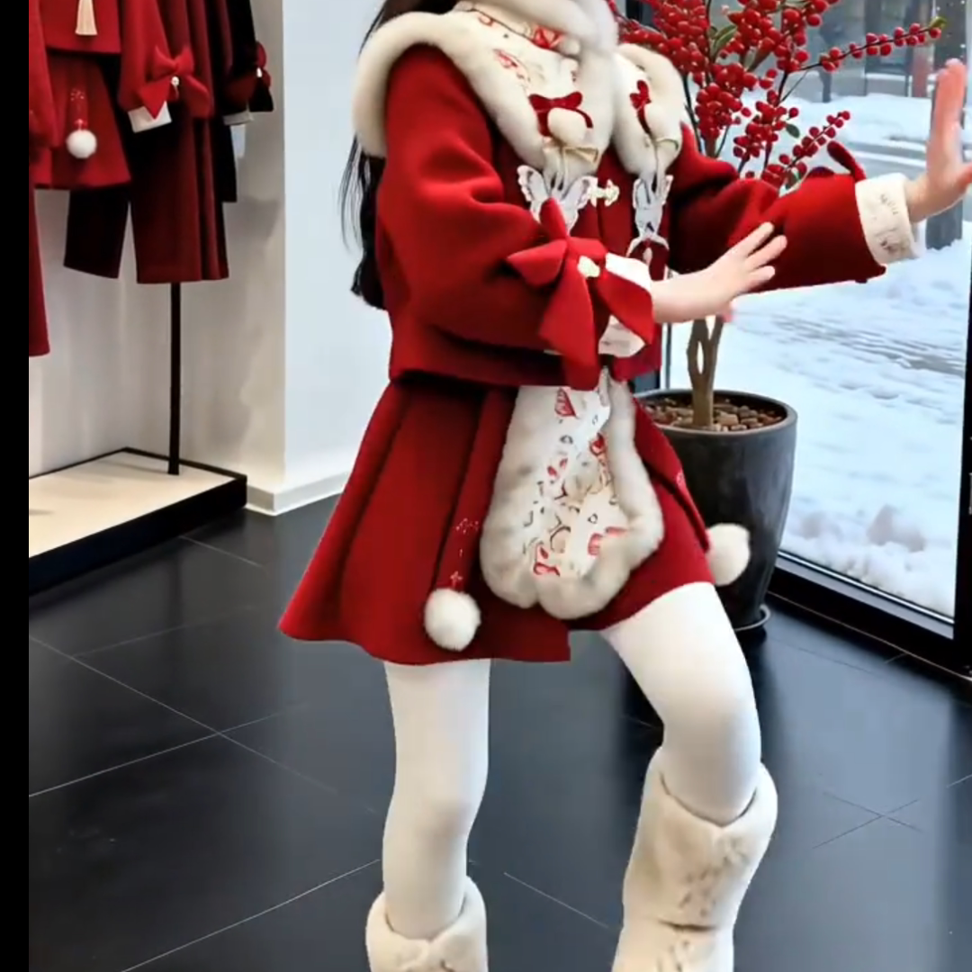女童冬季加绒加厚呢子中国红拜年服套装2026新款儿童喜庆两件套潮