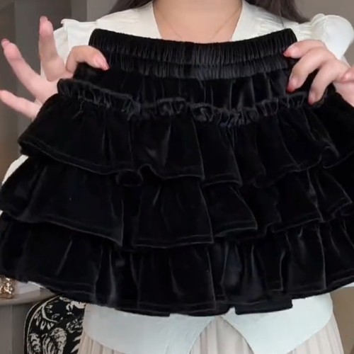 女童丝绒蛋糕裙秋冬款中大童女童半身裙宝宝裙黑色蓬蓬裙短款