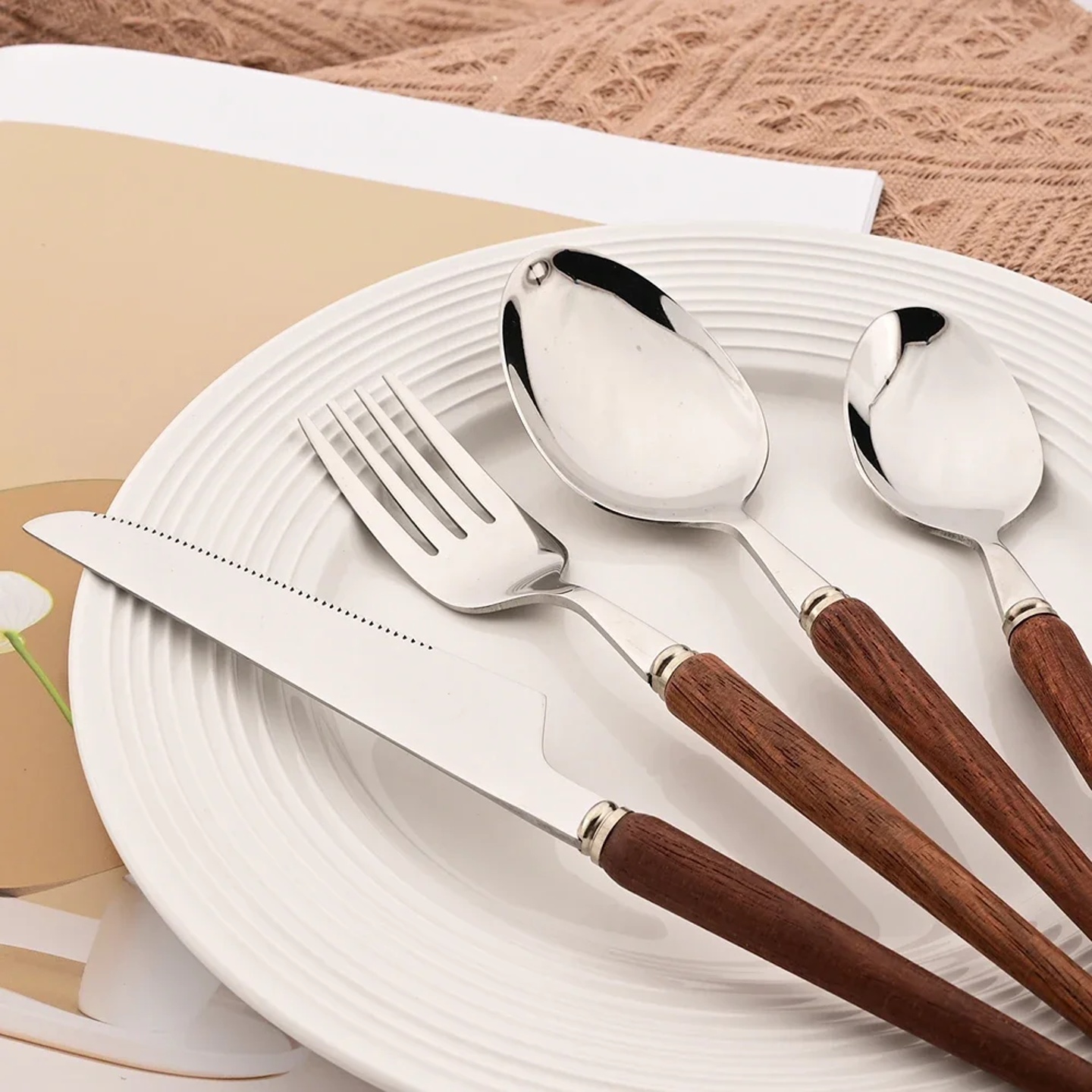 4Pcs/Set Dinnerware Set Wooden Handle Knife Fork Spoon Tabl