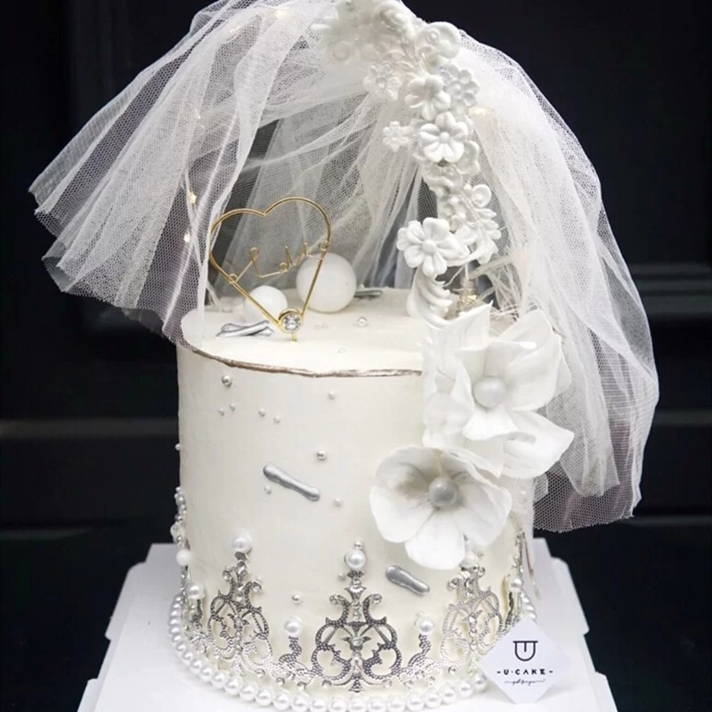 网红珍珠蕾丝薄纱拱门插件西式婚礼ins女神生日蛋糕装饰派对蛋糕