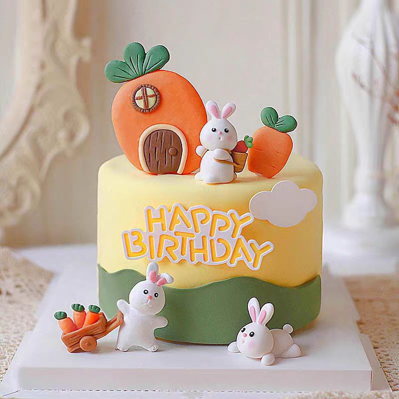 森系软陶兔子胡萝卜生日蛋糕插件