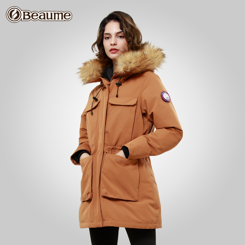 Beaume加厚羽绒棉棉服女中长款大毛领户外棉衣宝美北客外套94296
