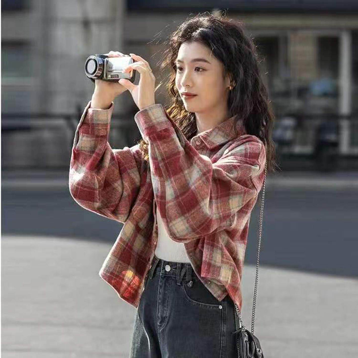 铂瑾精选女装春秋季新款女士复古磨毛宽松格子衬衫短长袖衬衣外套