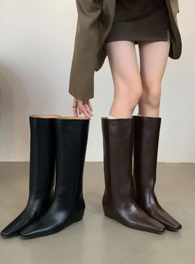 牛皮版~胖mm黑色长筒靴骑士靴女2026新款尖头不过膝高筒靴丑丑靴