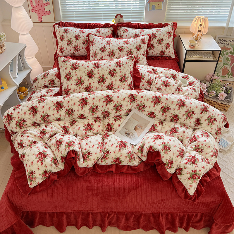 新款A类加厚牛奶绒床盖四件套防滑夹棉床单花边被罩床裙款床上用