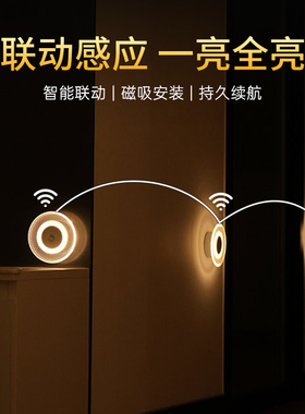 智能人体感应小夜灯联动感应灯过道免布线充电壁灯LED楼梯感应灯