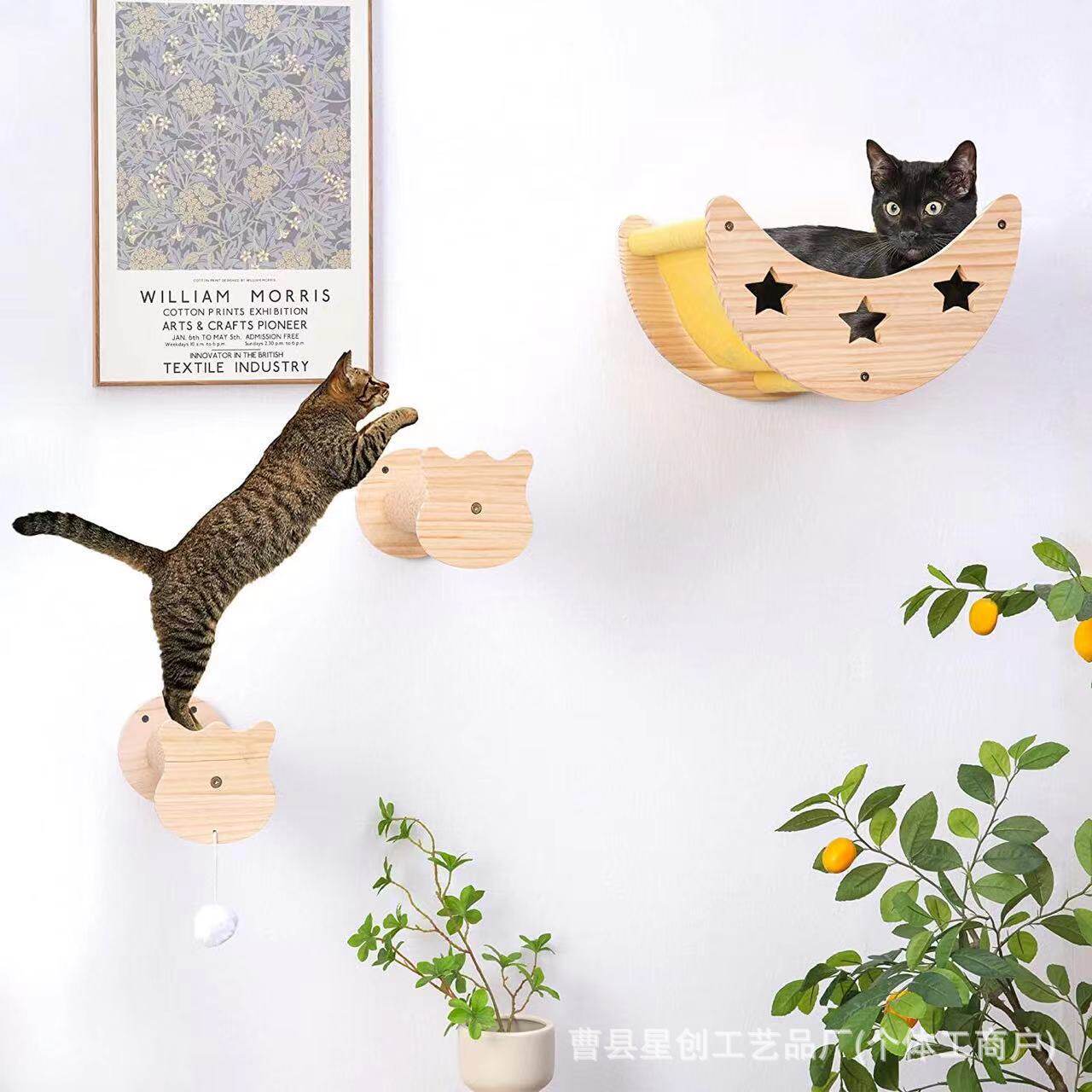 实木月亮船壁挂猫窝猫爬架跳台悬挂式猫抓柱剑麻墙壁猫吊床
