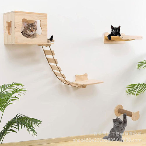 实木墙上猫爬架墙壁悬挂式猫抓柱木质猫咪吊桥软梯跳台玩具