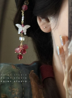 清冷感红蝶流苏发簪新中式汉服头饰国风U形簪子步摇发饰新款