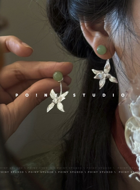 新中式国风天然石耳环女小众设计感高级轻奢气质金属花朵耳饰耳坠