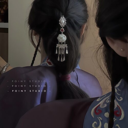 原创复古银色花朵流苏发夹女