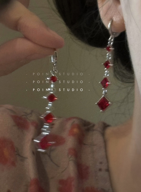 复古红色锆石耳环女小众设计感高级感气质精致长款耳坠新年耳饰