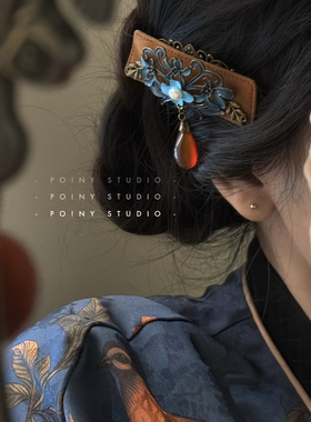 原创新中式古风流苏发夹女烧蓝花朵发饰侧边发夹鸭嘴夹弹簧夹头饰