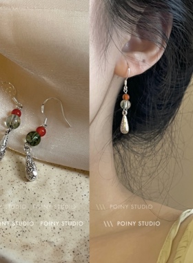 原创复古玉石耳环女2024年新款新中式古风红玛瑙耳饰无耳洞耳夹