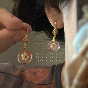 桃花酿天然石粉色花朵耳环甜美金丝玉耳坠国风复古风小众耳饰耳夹