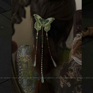 复古刺绣绿色蝴蝶流苏发夹女国风汉服配饰小众设计高级感头饰边夹