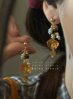 复古琥珀色花朵耳环女小众设计感流苏串珠耳坠秋冬气质耳饰耳夹
