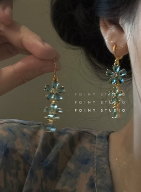 简约蓝色花朵水晶耳环女长款耳坠气质韩国风彩色宝石耳饰耳夹耳圈