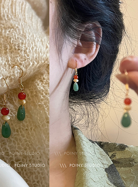 原创古风珠子水滴耳坠2024年网红爆款气质高级感轻奢名媛耳环耳夹