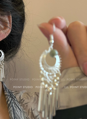 复古新中式仿苗银耳环长款流苏夸张耳饰气质高级感轻奢耳夹民族风