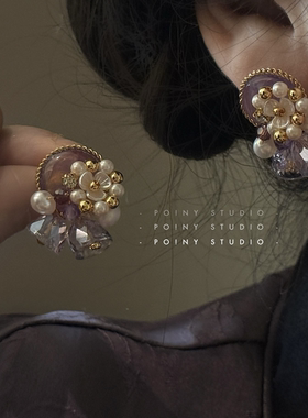 轻奢紫色花朵珍珠耳环女高级感法式复古百搭时尚耳饰2026年新款潮