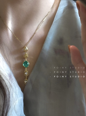 小众设计师款祖母绿水晶吊坠项链女金色锁骨链气质轻奢毛衣链