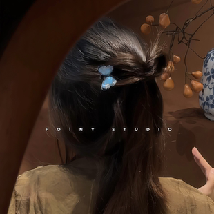 梦幻蓝色蝴蝶发簪女盘头发饰品气质高级感温柔精致后脑勺头饰簪子