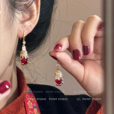 复古宫廷风红色水滴耳环耳饰女