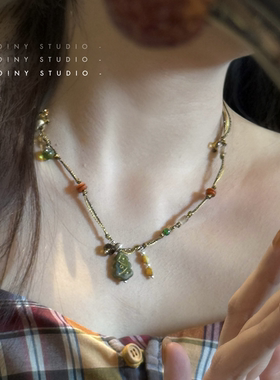 新中式复古彩色串珠圣诞树项链女小众高级感百搭锁骨链毛衣链配饰