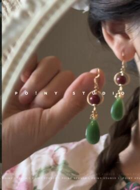 新中式耳环女小众设计感高级气质复古绿色水滴长款流苏耳坠撞色女