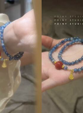 新中式清冷蓝纹石双圈水晶手链串珠手串金色葫芦吊坠温柔禅意手饰