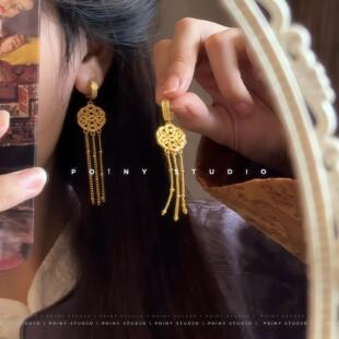 新中式鎏金镂空中国结金色流苏耳环新款小众设计独特复古金贵耳饰