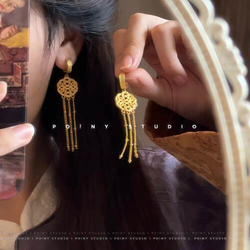 仿黄金镂空长款流苏耳环