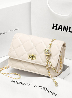 轻奢小香风真皮大格子斜挎单肩钻石金球链条包百搭小方包菱格女包