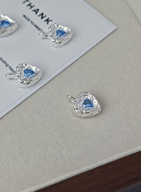 通体925纯银锤纹爱心吊坠水晶蓝 INS风夏日小清新银坠 肌理感银饰