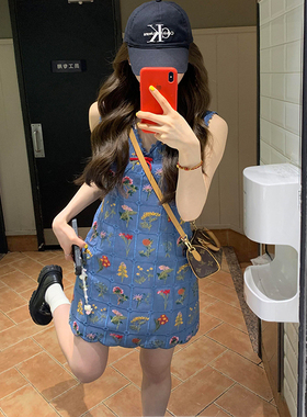 im向定制面料! 卡普里蓝~V领波浪边花朵刺绣连衣裙女夏无袖背心裙