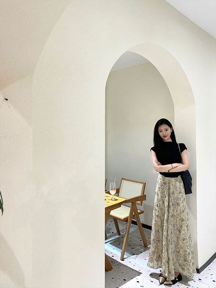 ThreeH天丝印花裙裤休闲阔腿裤裙