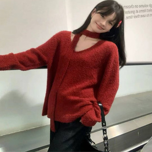 显白红色圣诞跨年爆款宽松v领毛衣针织衫外套高级慵懒风长袖上衣