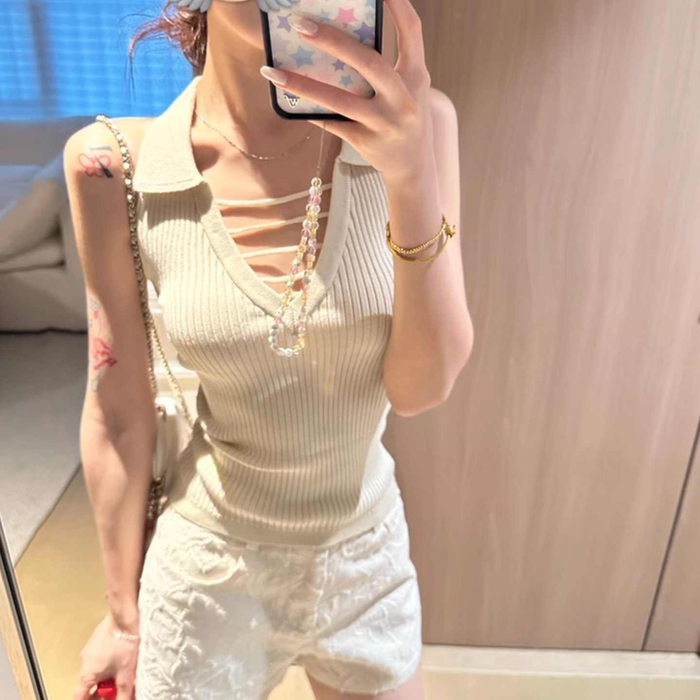 纯欲性感辣妹V领显瘦polo领针织背心修身包臀短款连衣裙套组夏季