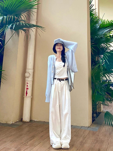 SOLO爆爆 白色阔腿休闲裤女2025秋季新款小个子高腰直筒拖地裤子