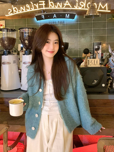 芥末自制「香茶丽兹」绵软羊毛翻领毛衣女秋冬新款设计感外穿开衫