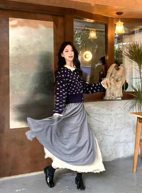 SourceWithU 庄园少女 50羊毛蕾丝系带半裙遮肉长款灰色伞裙秋冬